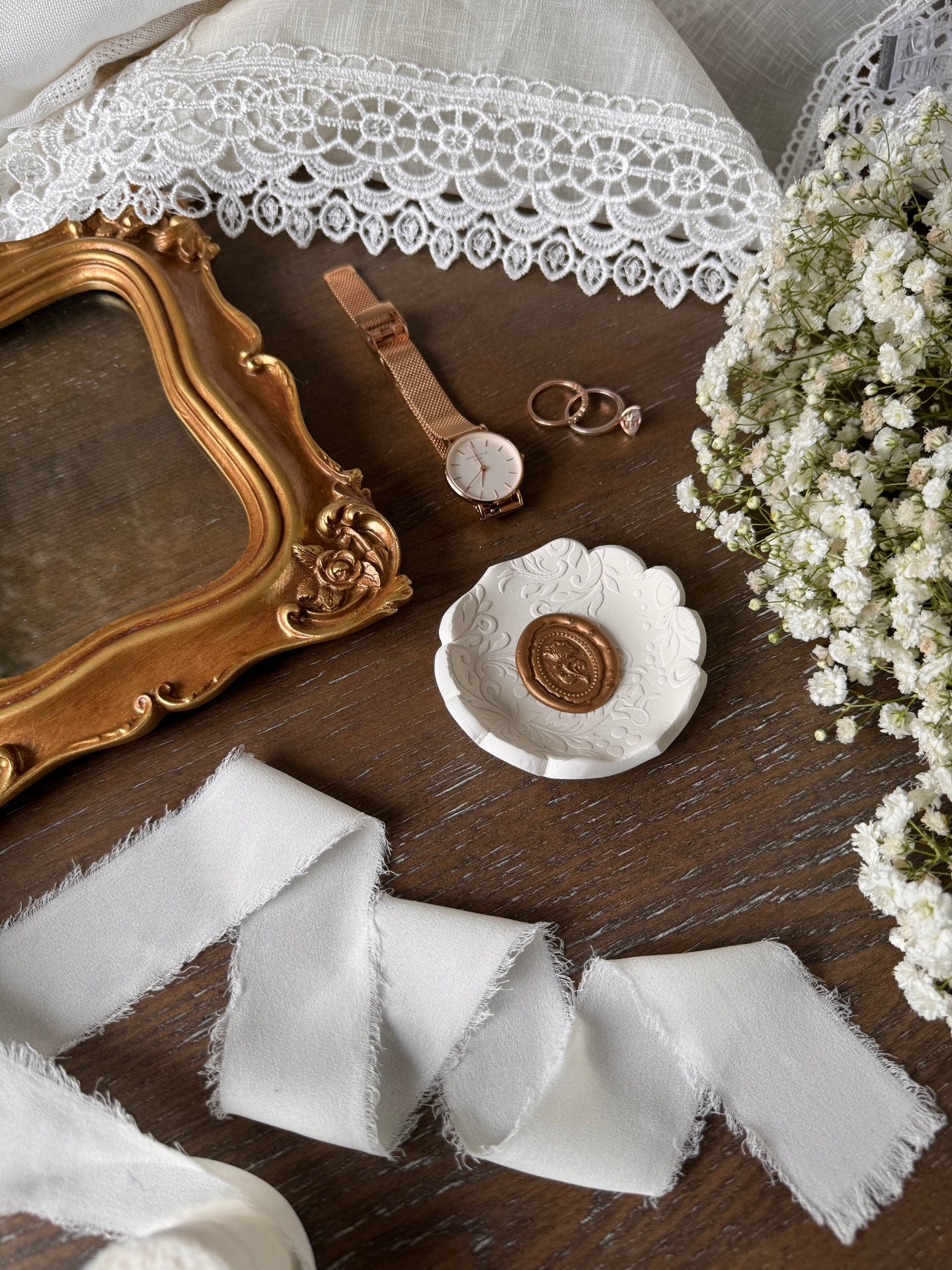 vintage themed ring dish with gold wax seal in center, perfect for flat lay kits